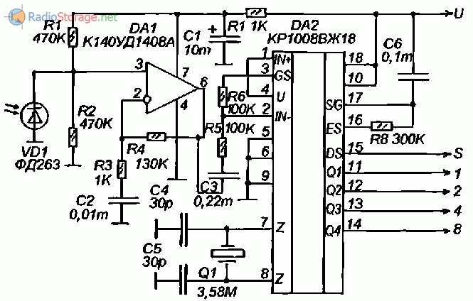 Принципиальная схема приемника дистанционного управления на микросхеме КР1008ВЖ18