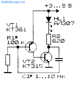 Схема генератора световых импульсов, собранного на транзисторах