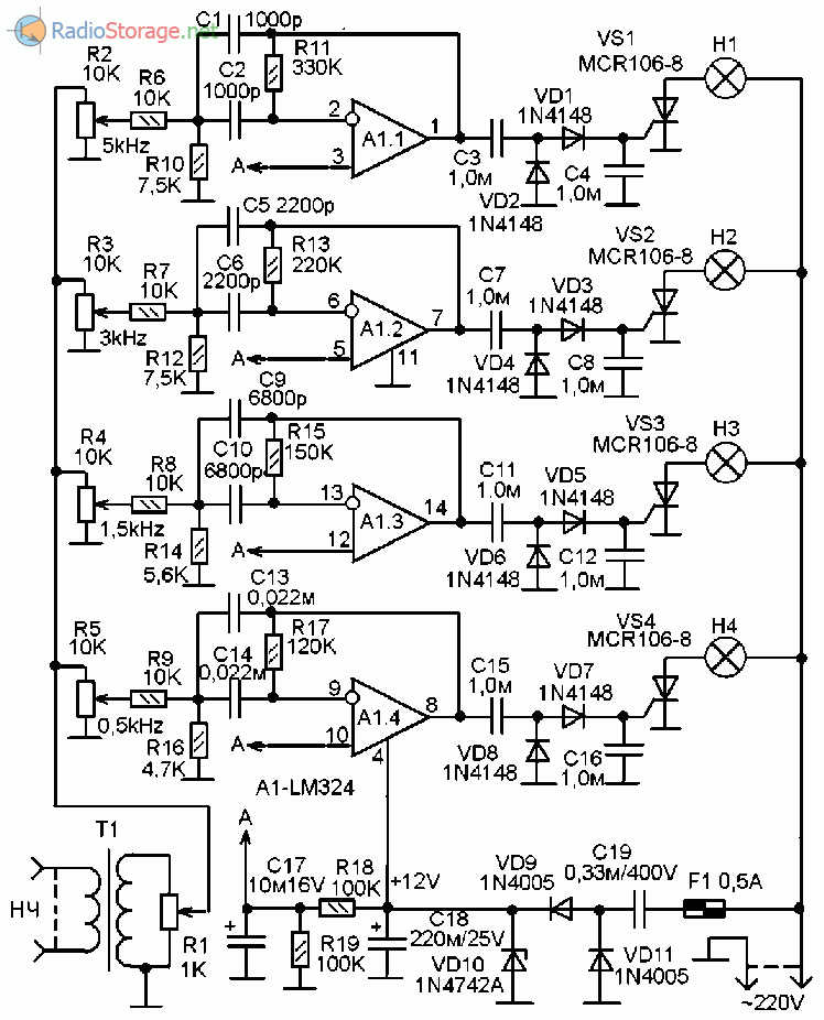 Цветомузыка на lm324 с фоном схема