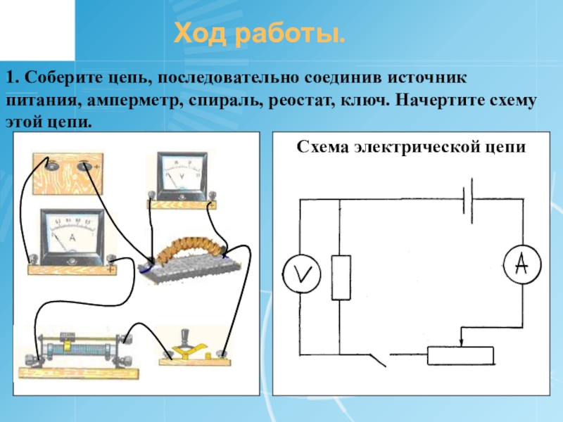 Начертите схему собранной цепи по рисунку и запишите показания приборов