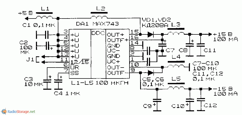 принципиальная схема преобразователя напряжения на МАХ743