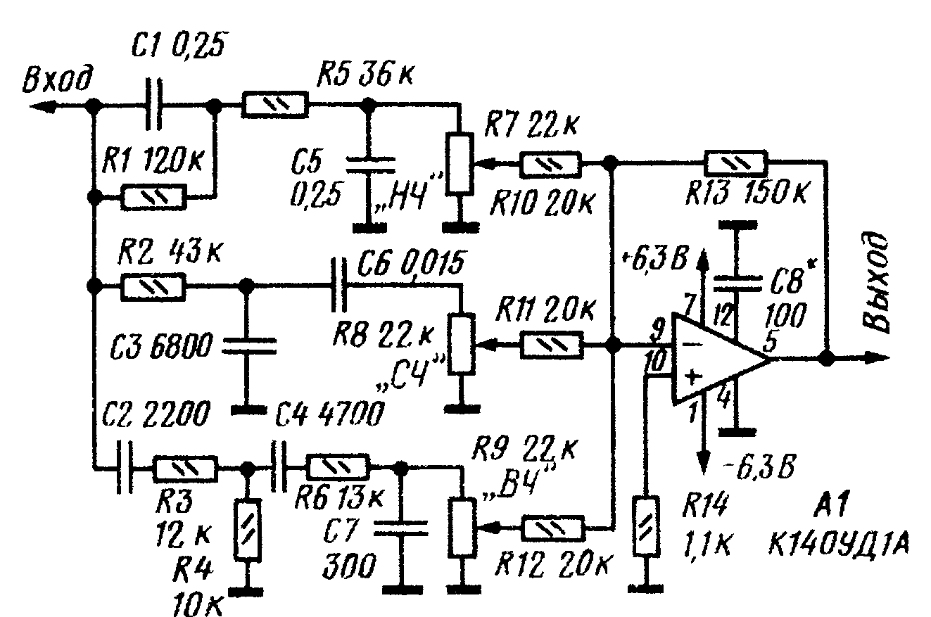 Принципиальная схема простого трехполосного регулятора тембра на микросхеме К140УД1А