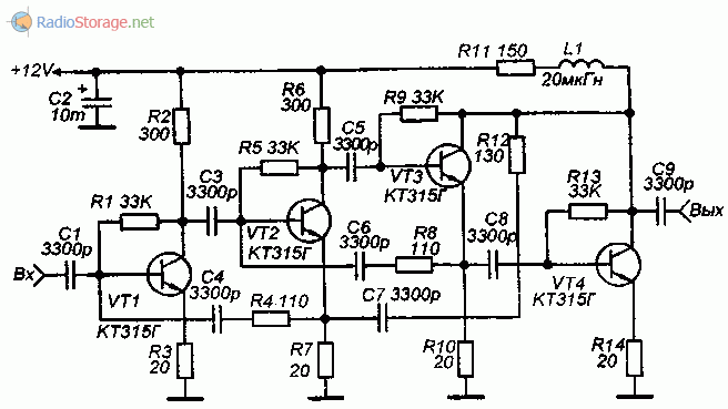 Схема широкополосного усилителя ВЧ на транзисторах КТ315 0,5-70МГц