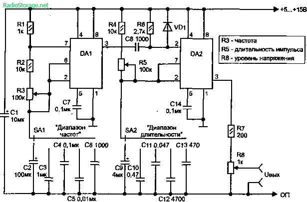 Генератор импульсов с регулировкой частоты и скважности схема