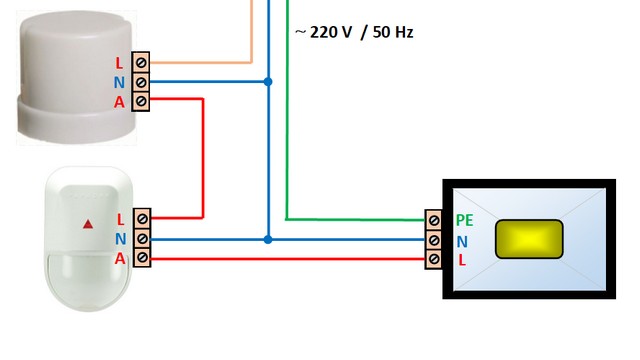 Схема последовательного подключения фотореле и датчика движения