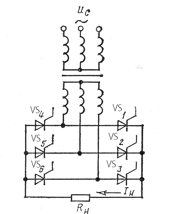 Схема трехфазного управляемого выпрямителя