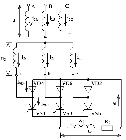 Схема трехфазного управляемого выпрямителя