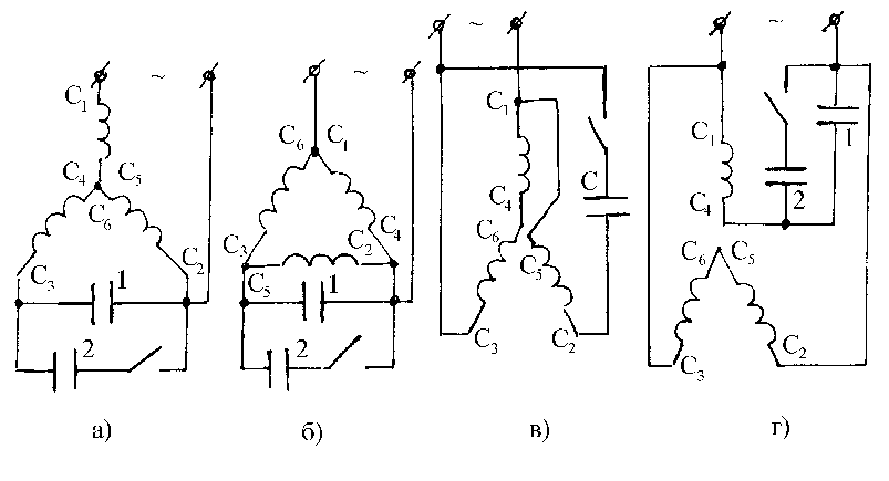 Подключение трехфазного двигателя к однофазной сети через конденсатор схема