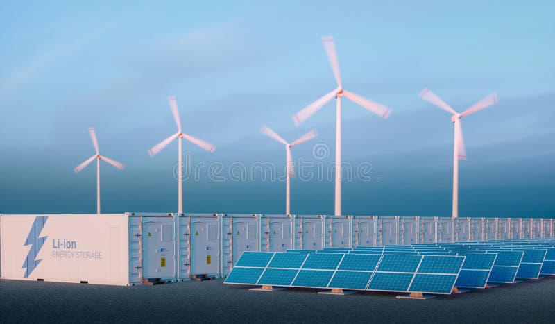 Battery energy storage concept in nice morning light. Hydrogen e. Nergy storage with renewable energy sources - photovoltaic and wind turbine power plant farm vector illustration