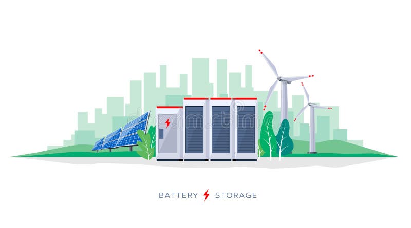 Battery Storage System with Electric Solar Wind Power Station. Vector illustration of large rechargeable lithium-ion battery energy storage station and renewable royalty free illustration