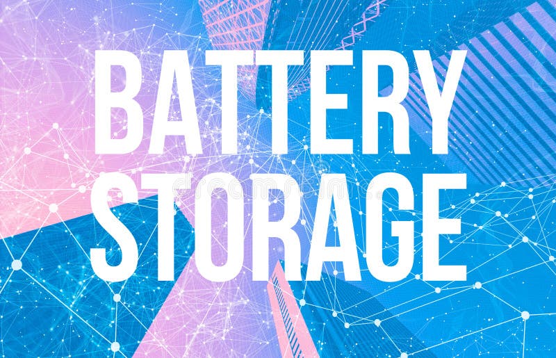 Battery Storage theme with abstract patterns and skyscrapers. Battery Storage theme with abstract network patterns and skyscrapers stock illustration