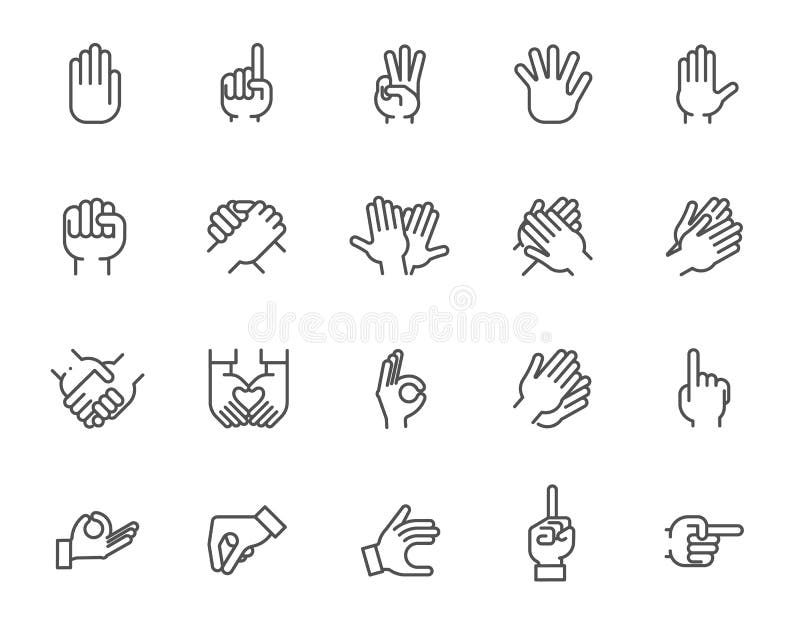 Big line icon set of human hands with different signs. 20 mono linear web graphic pictograms stock illustration