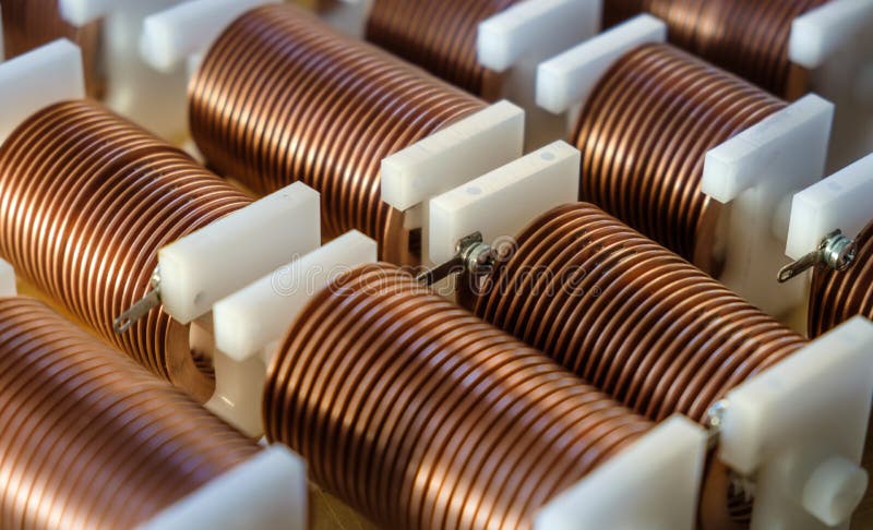 Close-up of twisted copper wire coils. Close-up of high-frequency powerful copper wire on background of numerous blurry cables. Concept production of super stock image