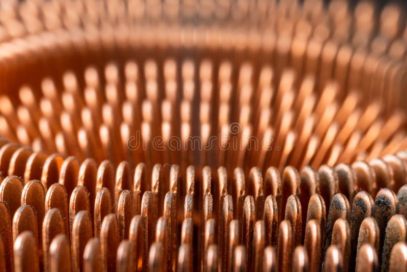 Computer copper radiator with fins for cooling microcircuits stock image