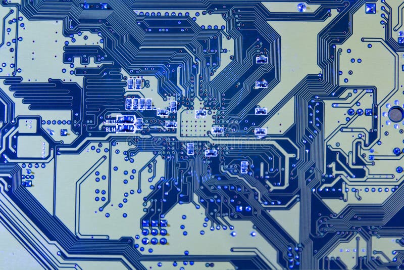 Computer motherboard. Classic blue background with pc backdrop, close up. vector illustration