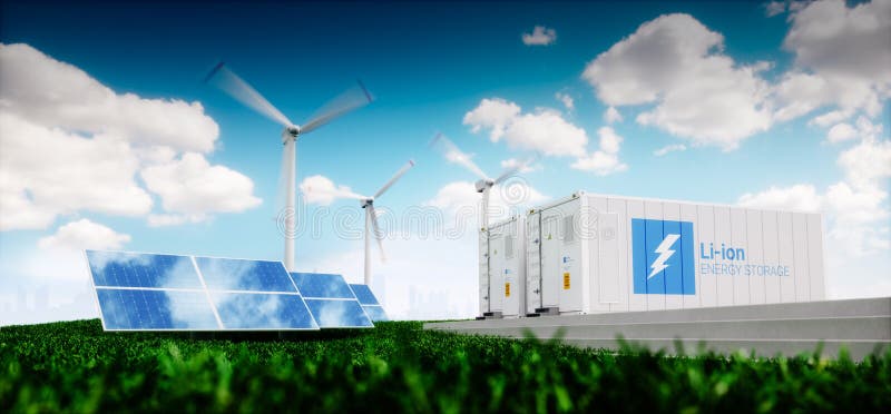 Concept of energy storage system. Renewable energy - photovoltaics, wind turbines and Li-ion battery container in fresh nature with distant blurred city in vector illustration