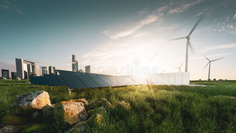 Concept of sustainable energy solution in beautifull sunset backlight. Frameless solar panels, battery energy storage facility,. Wind turbines and big city with stock illustration