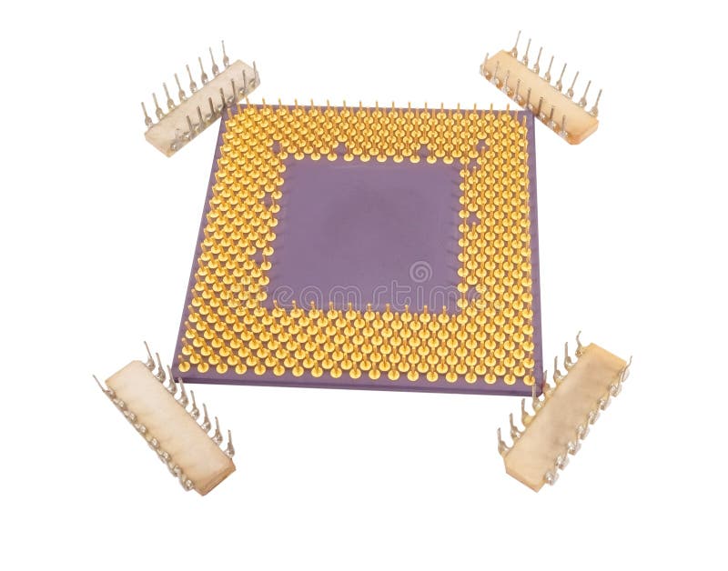 Cpu processors. Modern multicore CPU processor and microcircuits on a white background stock photography