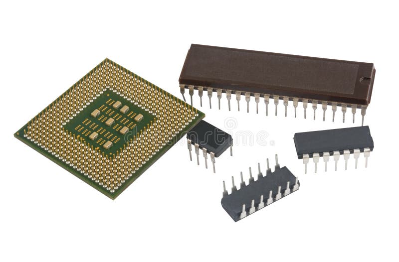 Cpu processors. Modern multicore CPU processor and microcircuits on a white background royalty free stock photos