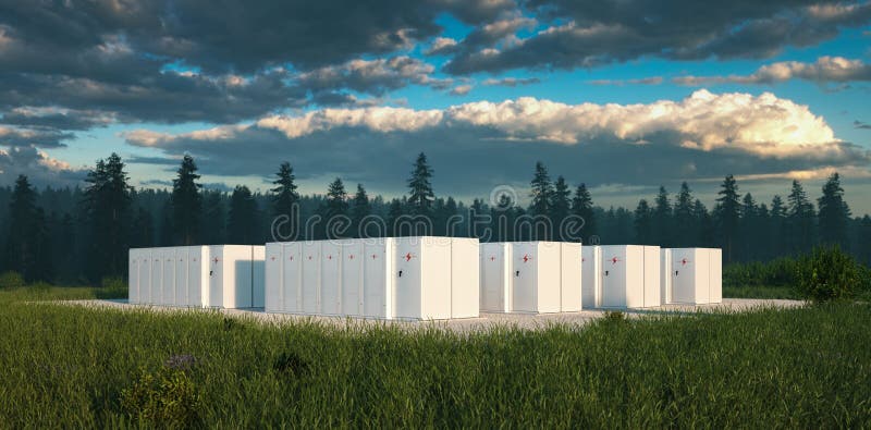 Eco friendly battery energy storage system in nature. Eco friendly battery energy storage system in nature with misty forest in background and fresh grassland royalty free illustration