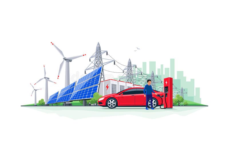 Electric Car Charging from Renewable Energy Battery Storage Power Grid System with City Skyline. Vector illustration of electric car charging at charger station royalty free illustration