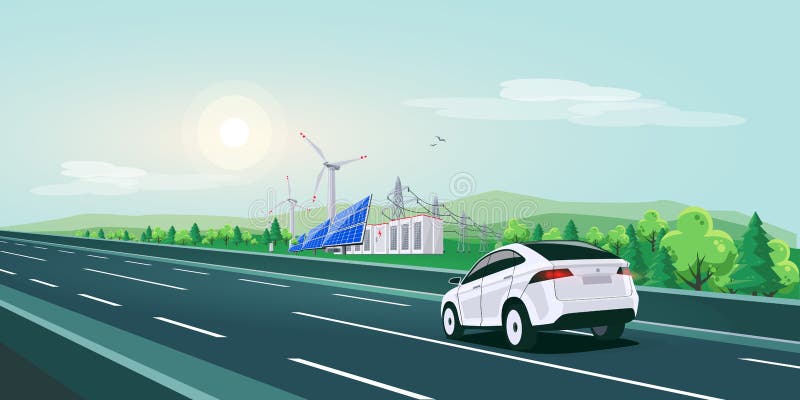 Electric Car Driving on Highway Road with Renewable Energy Battery Storage Grid Landscape. Vector illustration of electric car driving on empty highway road in stock illustration