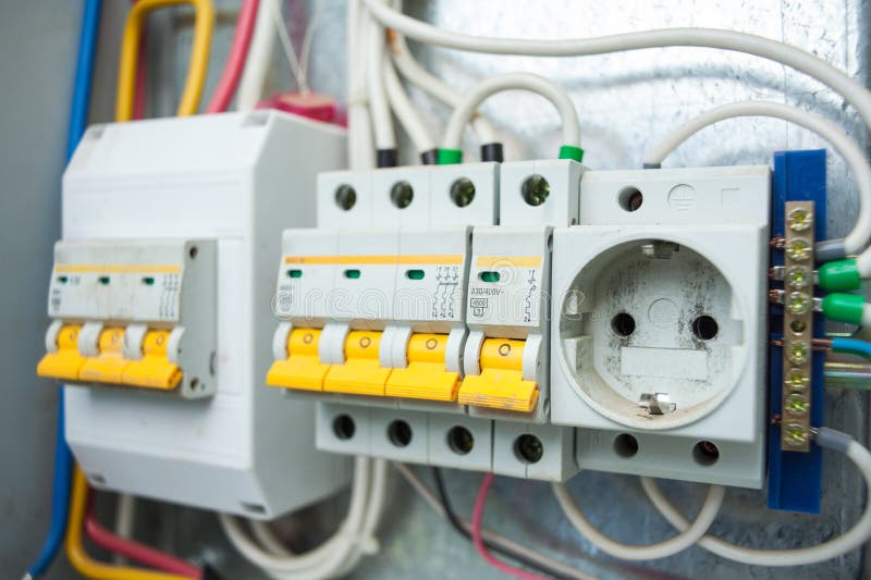Electrical panel. Switches and socket in the electric shield. Switches and socket in the electric shield stock photos