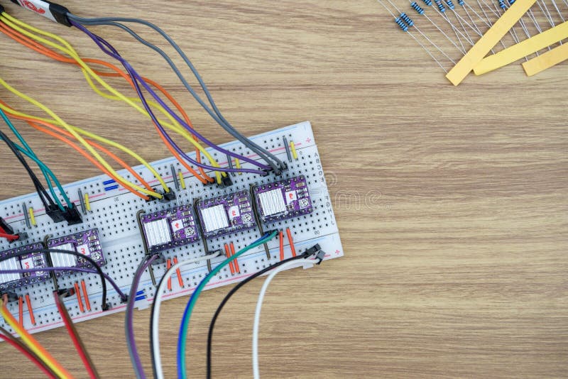 Electronic component connected with breadboard. stock photo