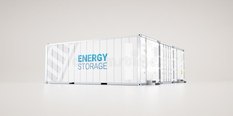 Hi-capacity battery energy storage facility made of industrial s. Hipping containers. 3d rendering royalty free illustration
