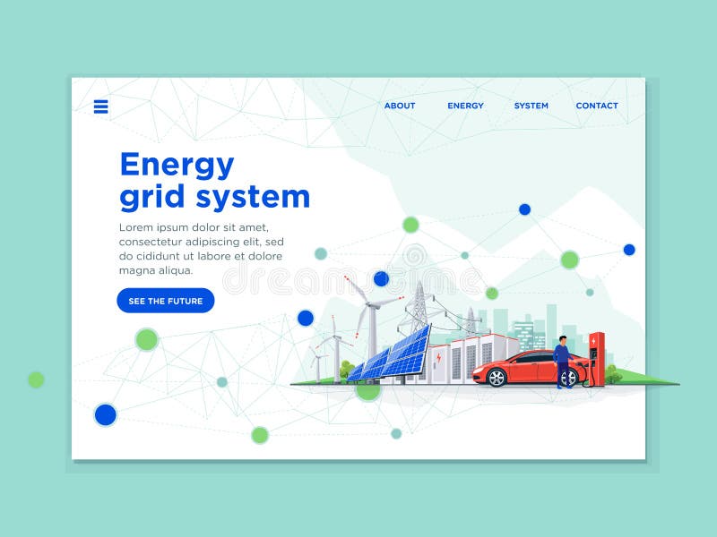 Energy Battery Storage Blockchain Grid System as Landing Page Concept. Landing page template of connected renewable energy blockchain. Electric car, solar panels vector illustration
