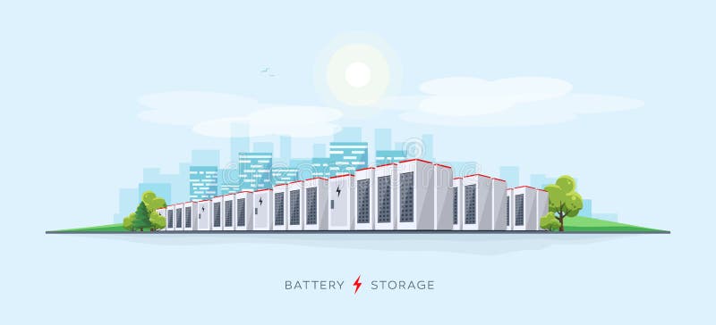 Large Battery Storage System. Vector illustration of large rechargeable lithium-ion battery energy storage stationary for renewable electric power stations stock illustration
