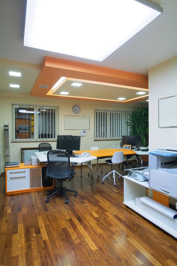 Office interior. Interior of an office, modern and simple furniture and lighting equipment stock photos