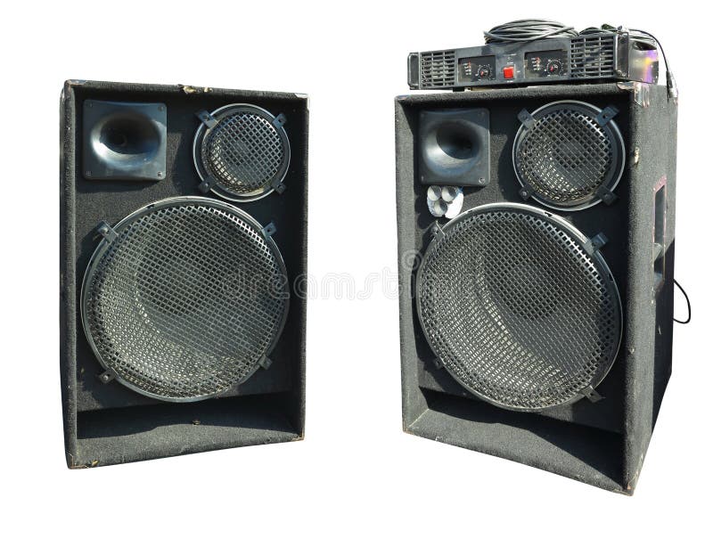 Old powerful stage concerto audio speakers and amplifier isolated on white. Background royalty free stock photos