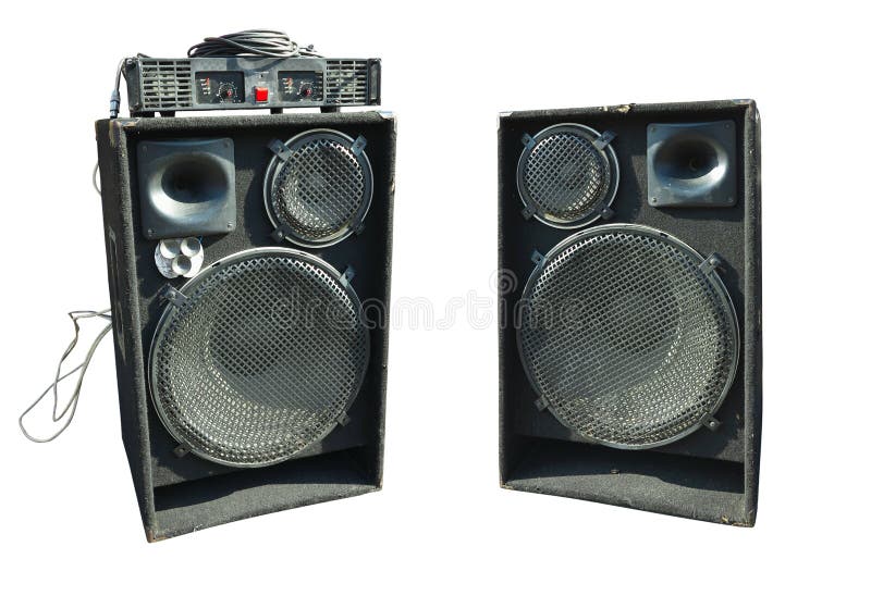 Old powerful stage concerto audio speakers and amplifier isolated on white. Background stock photos