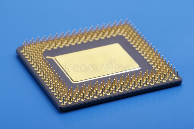 Processor. Close view of Computer CPU. Processor on blue background. Soft focus royalty free stock image