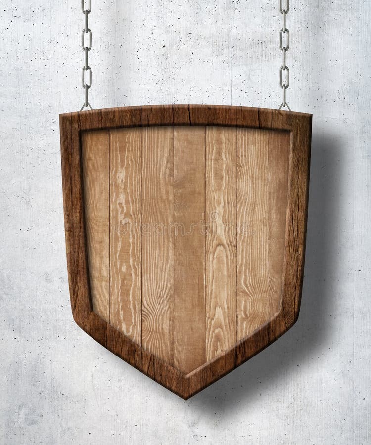 Protection shield shaped sign hanging on chains with concrete wall background stock photos