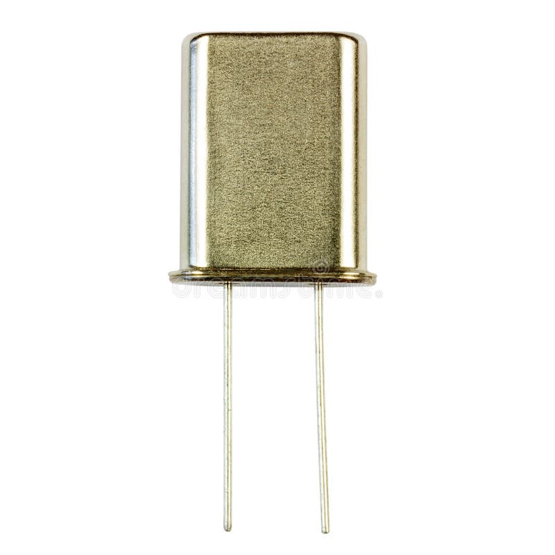 Quartz resonator close-up isolated on white background. Electronic component stock photo
