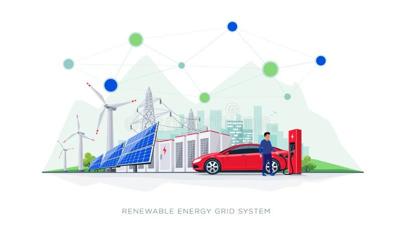 Renewable Energy Battery Storage Grid System with Electric Car Charging. Flat vector illustration of renewable energy blockchain connected system. Electric car vector illustration