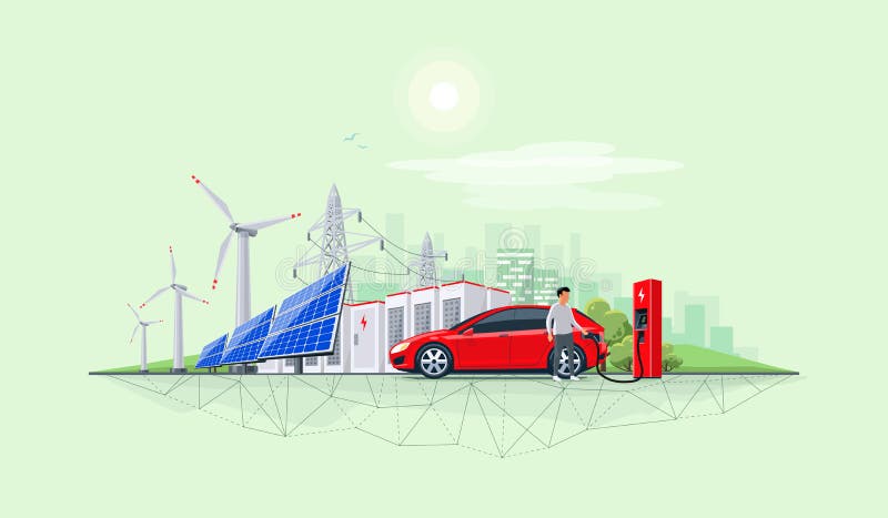 Renewable Energy Battery Storage Power Grid System with Electric Car Charging and City Skyline. Flat vector illustration of renewable energy connected system vector illustration