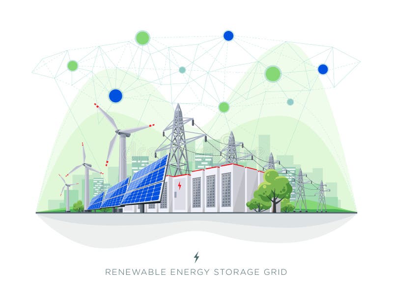 Renewable Solar and Wind Energy Battery Storage Smart Grid System with Power Lines. Renewable energy smart grid blockchain connected system. Flat vector stock illustration