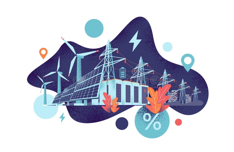 Renewable Solar and Wind Energy Battery Storage Smart Grid System with Power Lines. Renewable energy smart power grid system concept. Modern grain style vector royalty free illustration