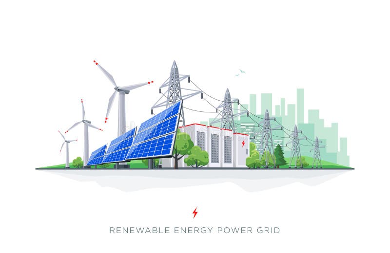 Renewable Solar and Wind Energy Battery Storage Smart Grid System with Power Lines. Renewable energy smart power grid system. Flat vector illustration of solar stock illustration