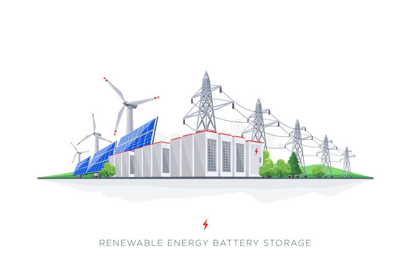 Renewable Solar and Wind Energy Electricity Battery Storage Grid System with Power Lines. Large rechargeable battery energy storage with renewable electric power vector illustration