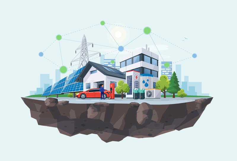 Sustainable Renewable Energy Battery Storage Off Power Grid House Island System. Smart renewable energy power grid system. Off-grid household city battery royalty free illustration