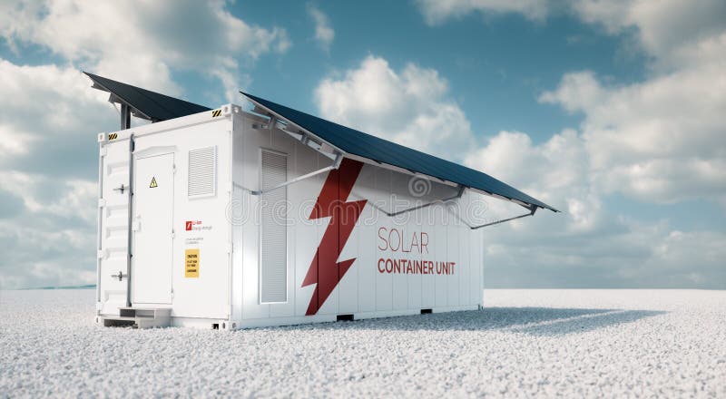 Solar container unit. 3d rendering concept of a white industrial battery energy storage container with mounted black solar panels. Situated on white gravel in stock illustration