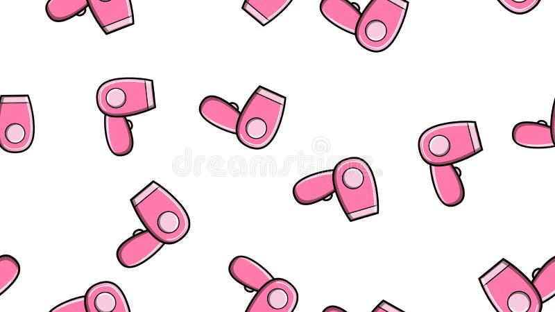 Texture seamless pattern of pink hand-held electric hair dryers with hot air for drying hair with the function of ionization. Cold blowing on a white vector illustration