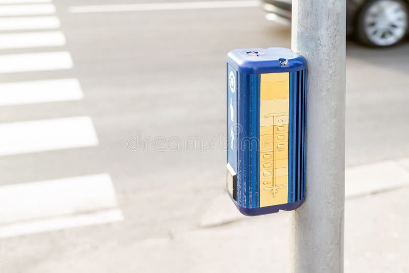 Traffic light control button with crosswalk scheme for blind people. Pedestrian road crossing for vision disabled people . Care,. Support and assistance for royalty free stock images