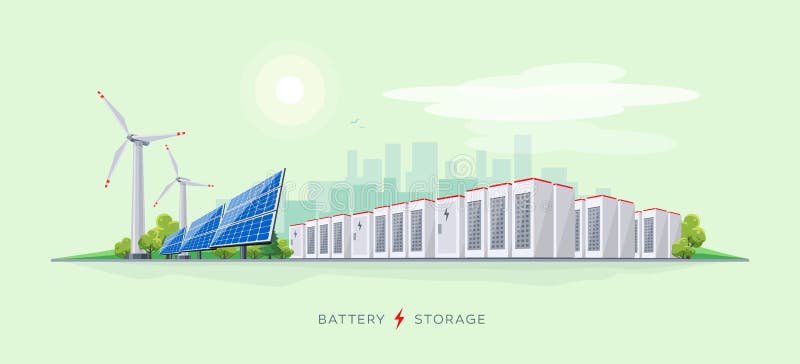 Electric Power Station with Battery Storage System. Vector illustration of large rechargeable lithium-ion battery energy storage stationary and renewable stock illustration