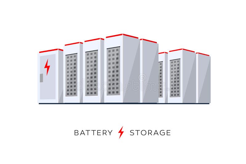 Isolated Smart Battery Cloud Energy Storage System. Vector illustration of large rechargeable lithium-ion battery energy storage stationary for renewable stock illustration