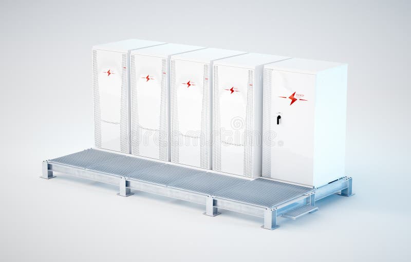 White battery energy storage system installed on support construction. Modular and portable white battery energy storage system installed on support construction stock illustration